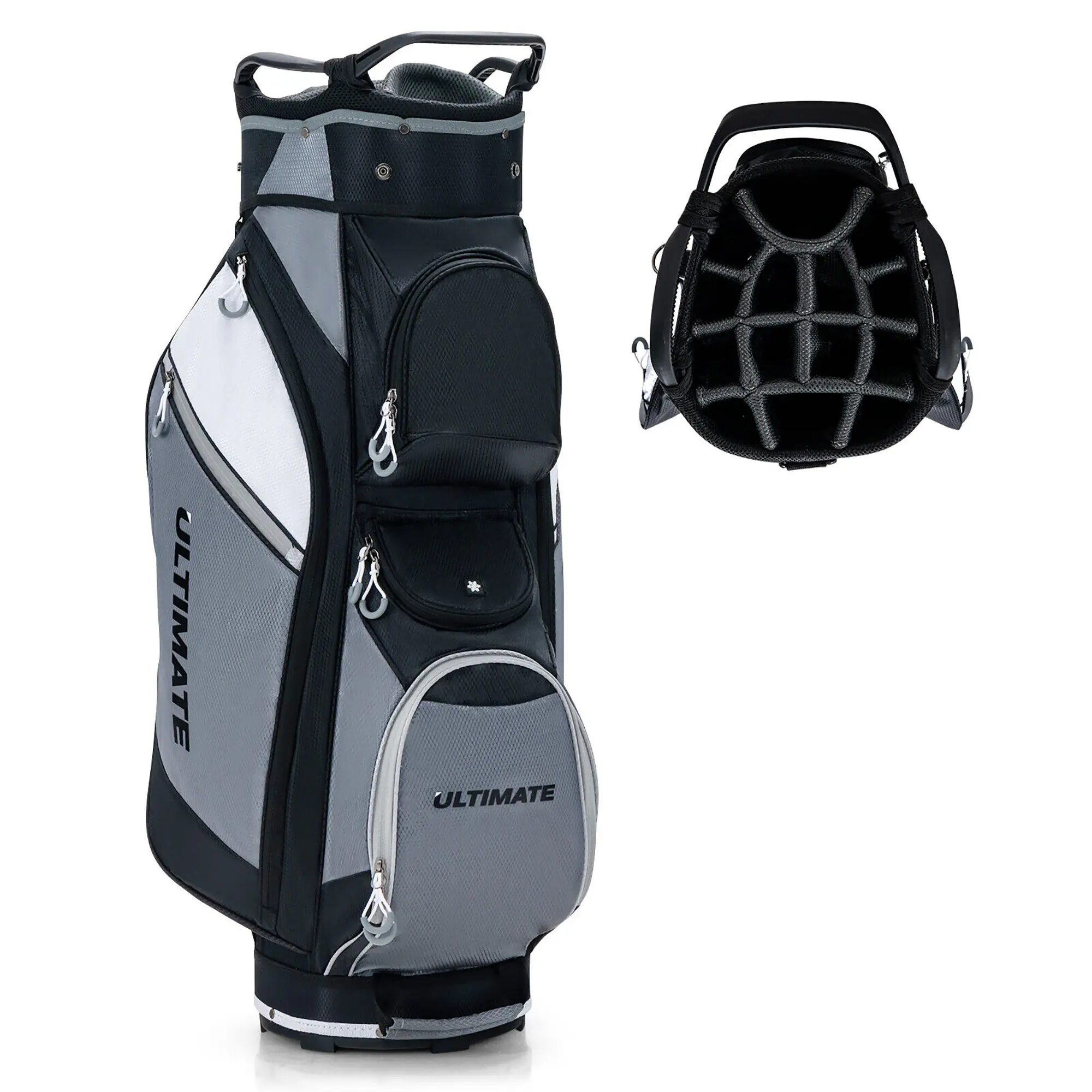 Gymax - 10" 14-Way Golf Cart Stand Bag w/Cooler Bag Waterproof Valuable Pocket Rain Hood - Black,Grey
