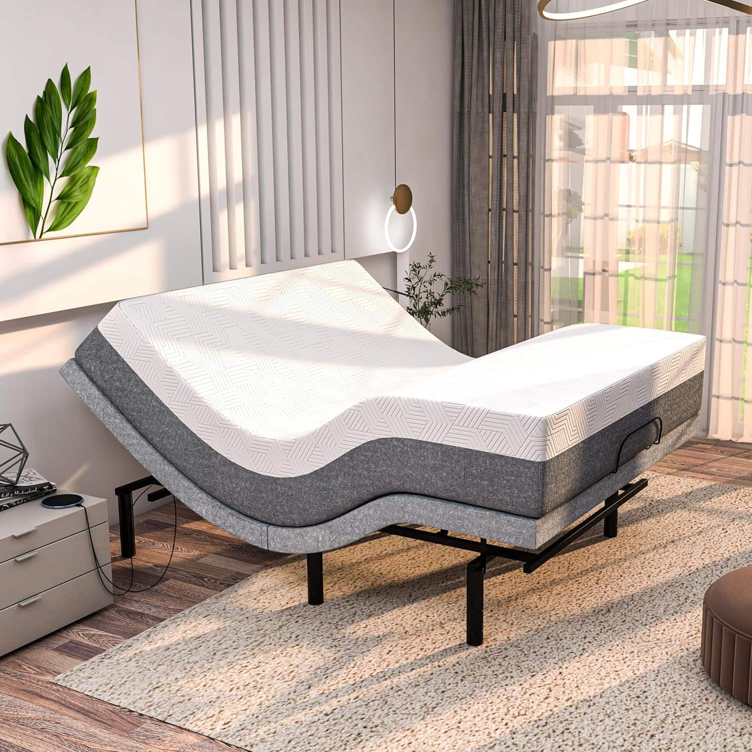 Renanim - SFE Full Adjustable Bed Frame with 14" Memory Foam Mattress, Massage, USB, Remote & UnderBed Light - Electric Bed - Gray