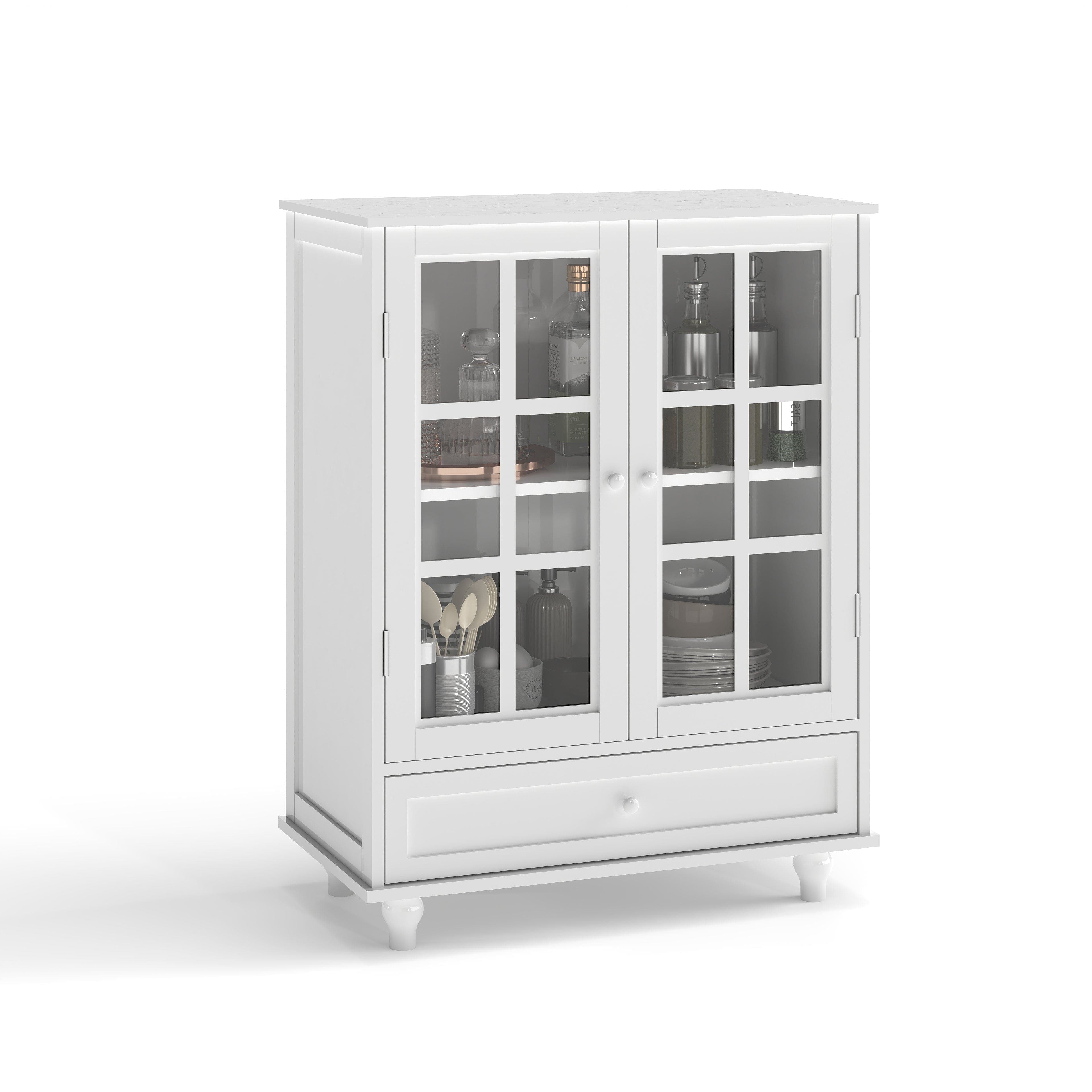 Boyel Living - Minimalist Buffet Cabinet with Double Glass Doors and Drawer. Modern Wooden Storage Sideboard Cupboard - White