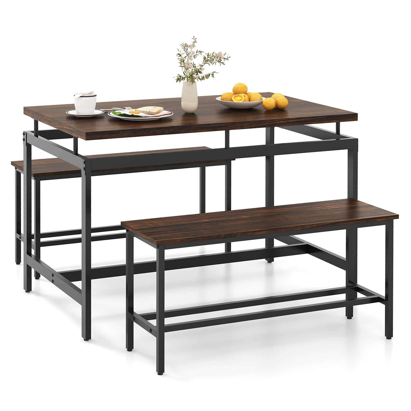 Costway - 3 PCS Dining Table Set for 4 w/ 43" Wooden Kitchen Table 2 Benches Metal Frame - Brown and Black