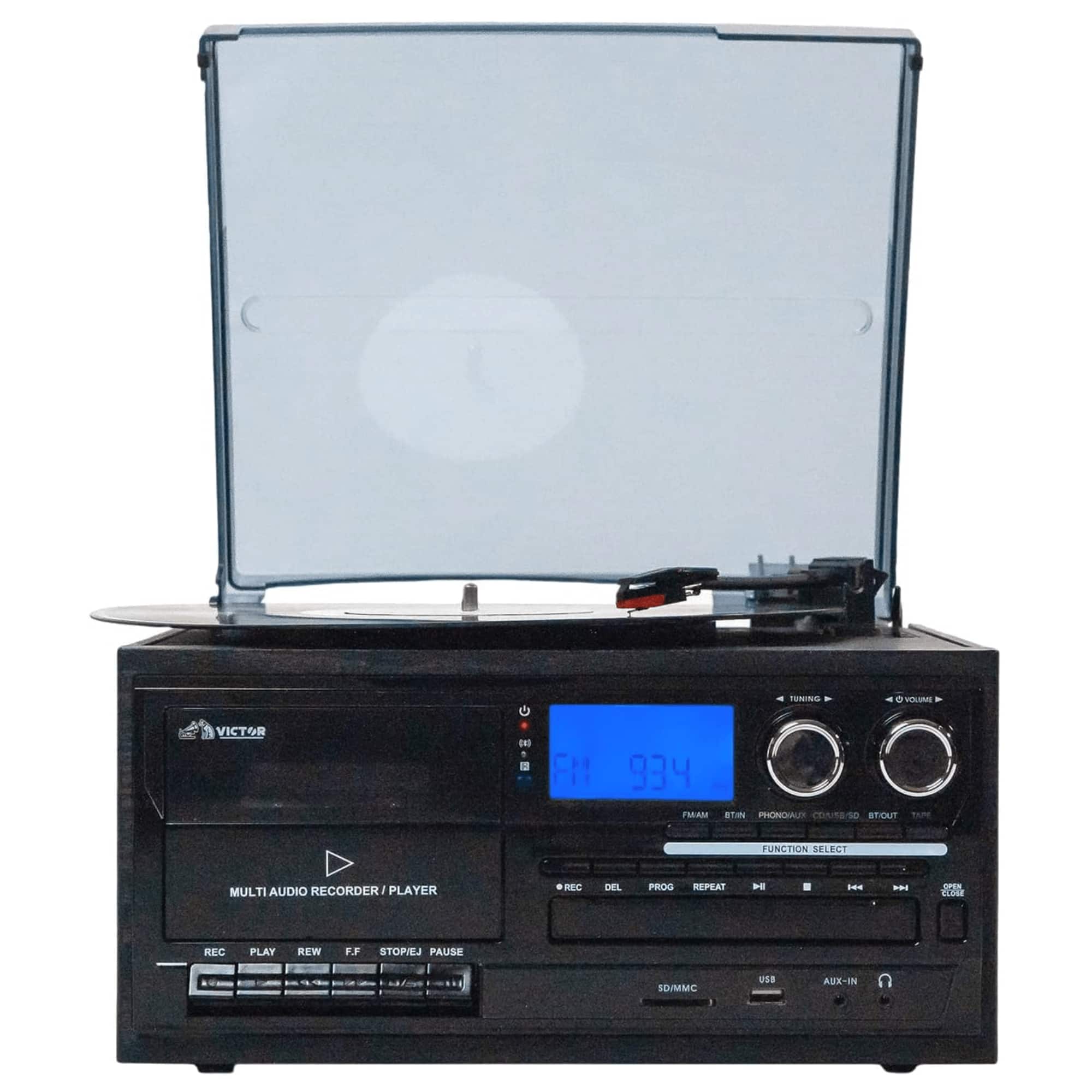 Victor Audio - Cosmopolitan 8-in-1 Turntable Music Center with Bluetooth, USB & Cassette - Black