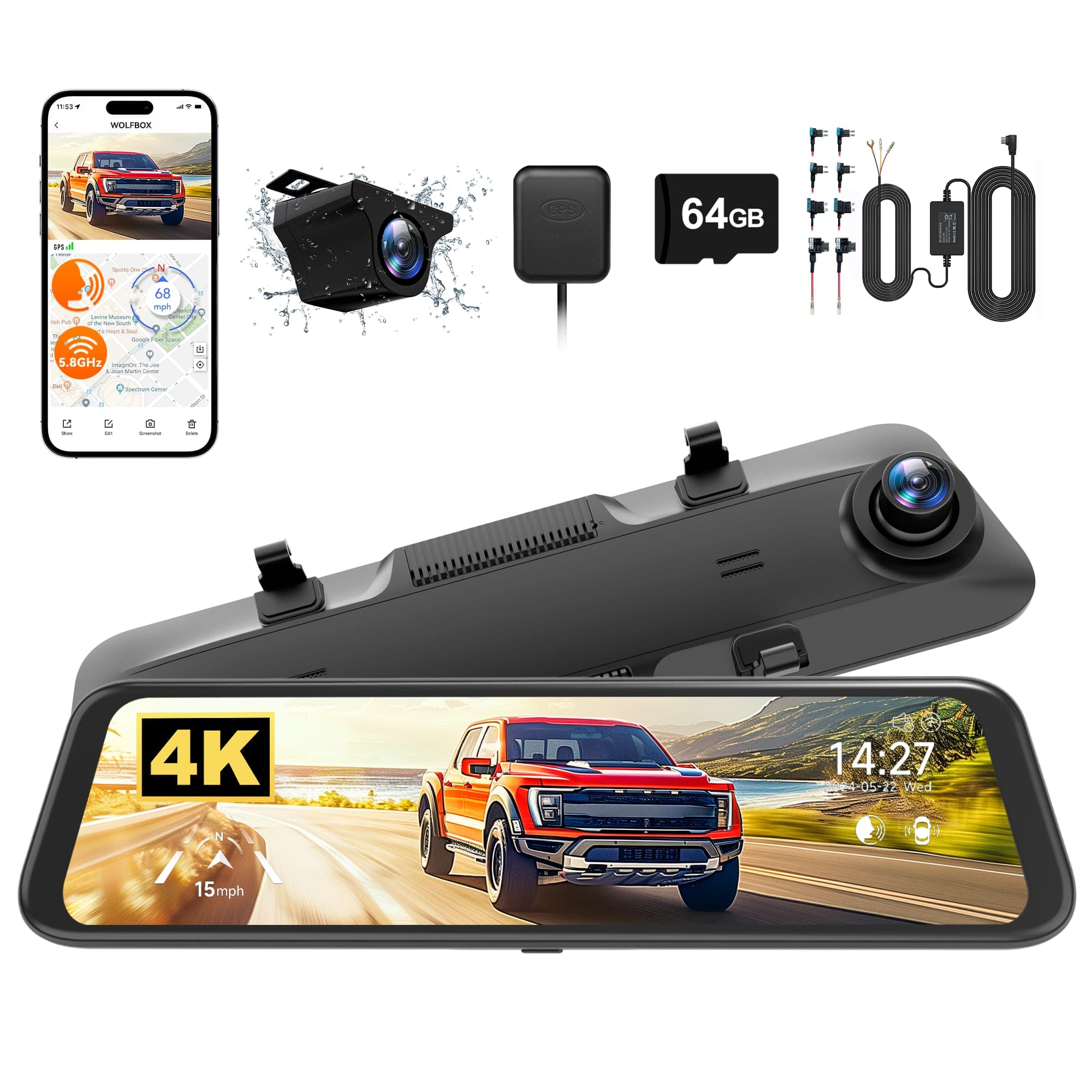 WOLFBOX - 4K Rear View Mirror 2CH Dash Cam, 5.8GHz WiFi, ADAS, BSD, 64GB Card, GPS, G-Sensor, 12'' Touch Screen, 24H Parking Mode - Black