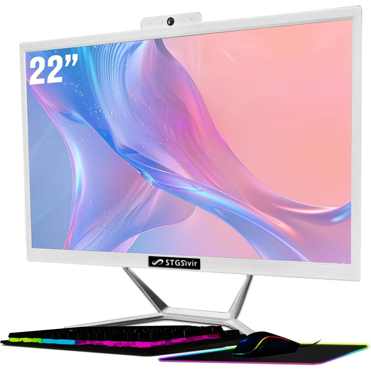 STGSivir - 一体式桌面电脑,22英寸显示屏,i5最高可达3.6GHz,16G内存,512GB SSD,WiFi&蓝牙,RGB键盘&鼠标,Win11家庭版 - 白色