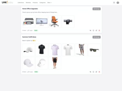 Wishlist management screenshot showing saved products in LMK.today interface